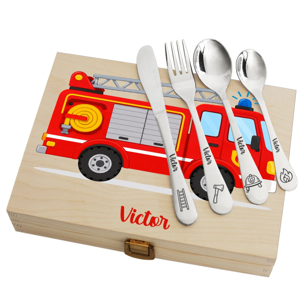 Presentset brandbil med personaliserad bestick Presentset brandbil med personaliserad bestick