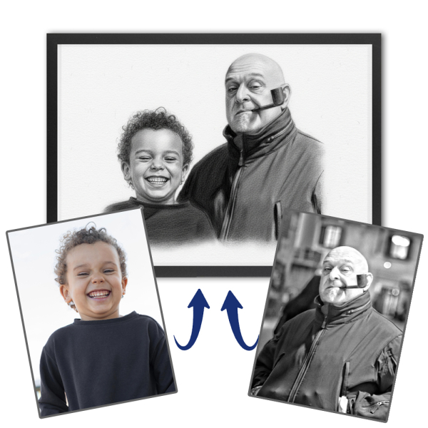 Fotomontage för ett porträtt i kolteckningsstil Fotomontage för ett porträtt i kolteckningsstil