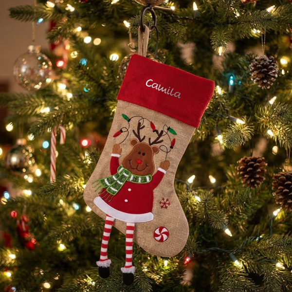 Julstrumpa med julmotiv, broderat namn Julstrumpa med julmotiv, broderat namn