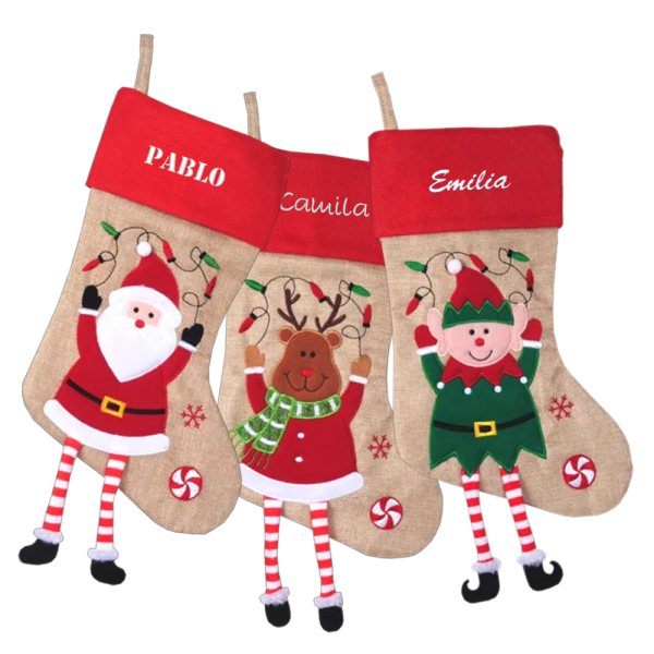 Julstrumpa med julmotiv, broderat namn Julstrumpa med julmotiv, broderat namn