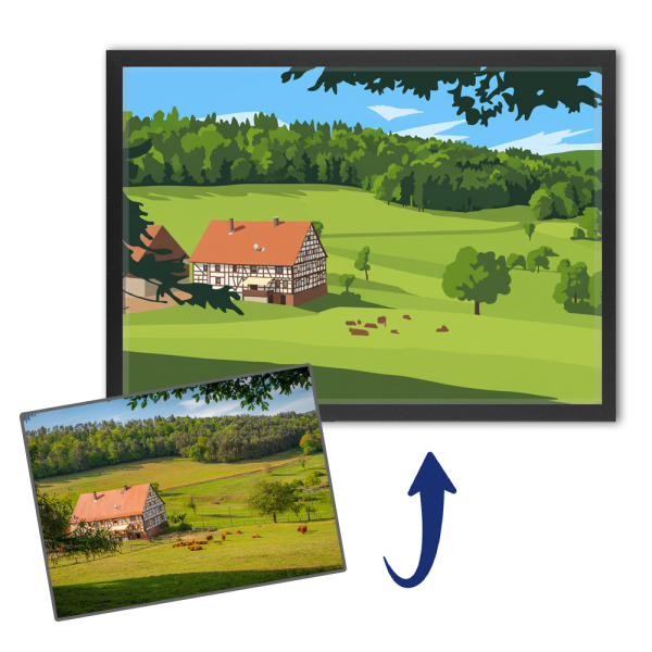 Porträtt av hus i flat design enligt ett foto Porträtt av hus i flat design enligt ett foto