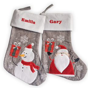 Personlig grå julstrumpa med linnelook Personlig grå julstrumpa med linnelook