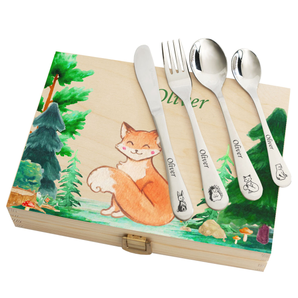 Personligt bestickset med tryckt trälåda skog Personligt bestickset med tryckt trälåda skog