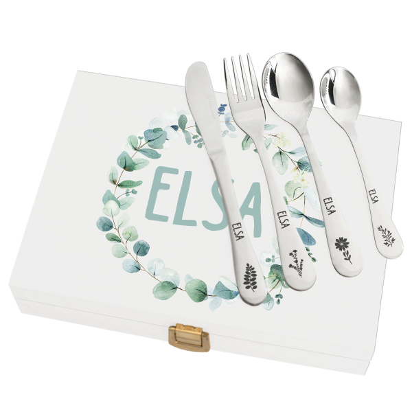 Coffret med växtmönster och dess personliga bestick Coffret med växtmönster och dess personliga bestick