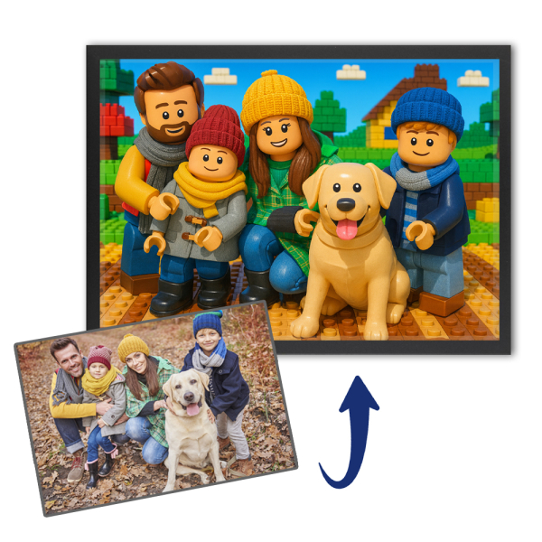 Porträtt av figuriner i klossar från ett foto Porträtt av figuriner i klossar från ett foto