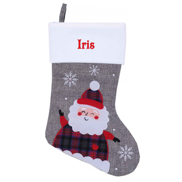 Broderad gr&aring; julstrumpa med linnelook