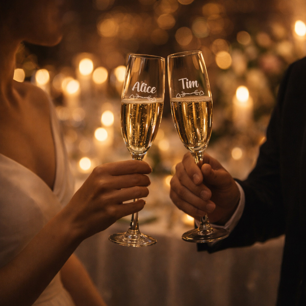 Presentl&aring;da med 2 champagneglas Br&ouml;llop
