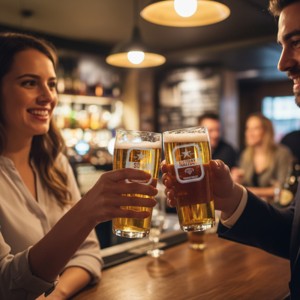 Set med 2 &ouml;lglas med personlig namngravyr