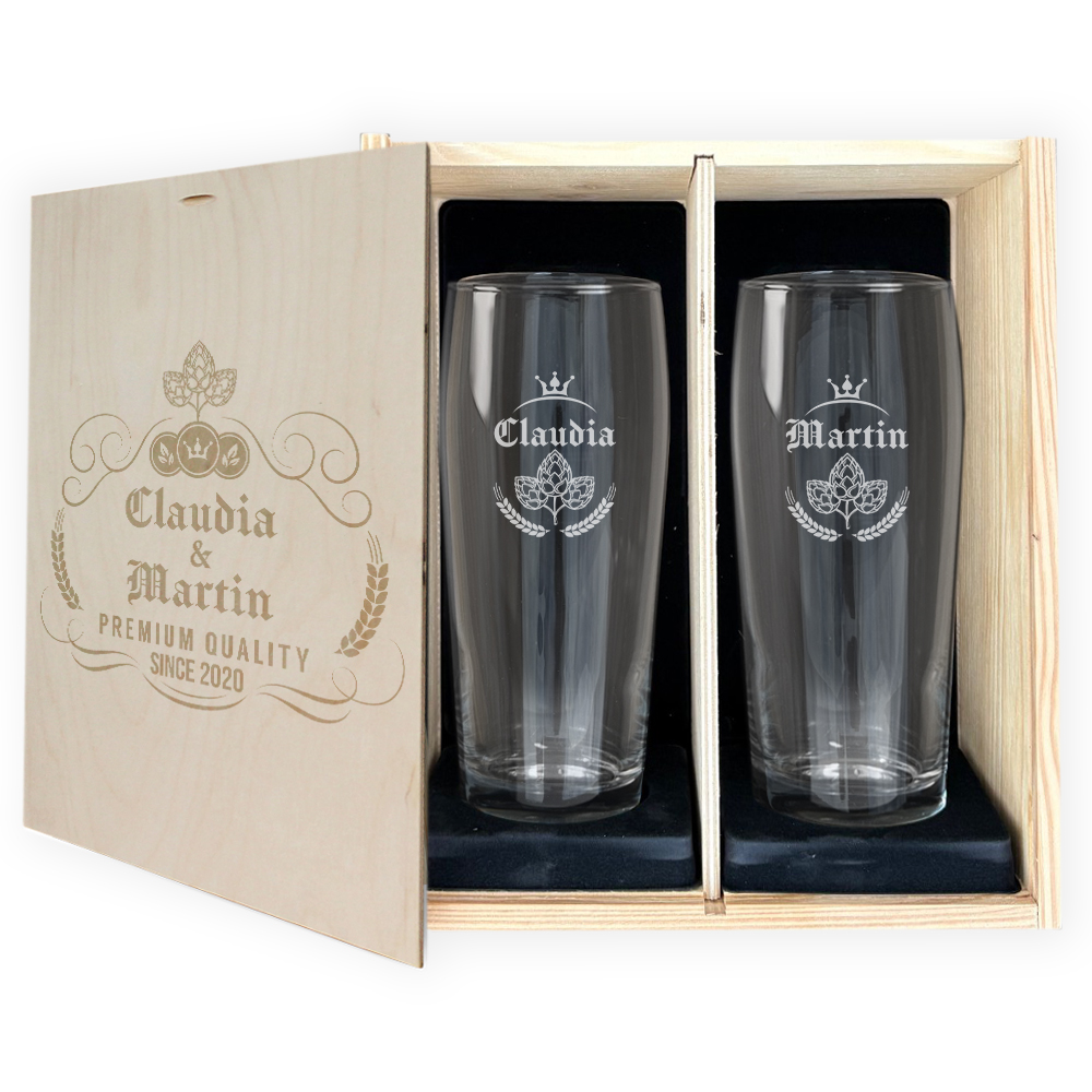 Presentset med 2 �lglas med personlig etikett